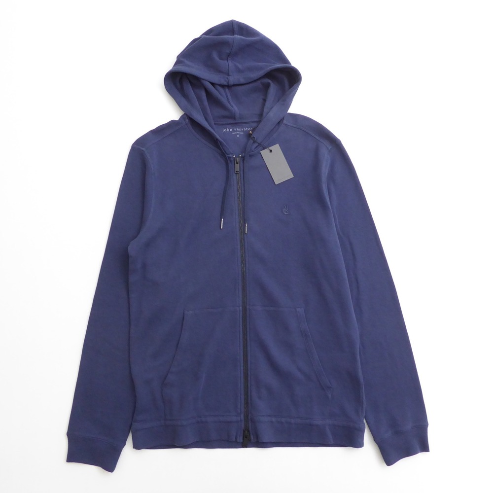 John Varvatos Mens Double Knit Full Zip Hoodie Blue Peace Sign Logo Small